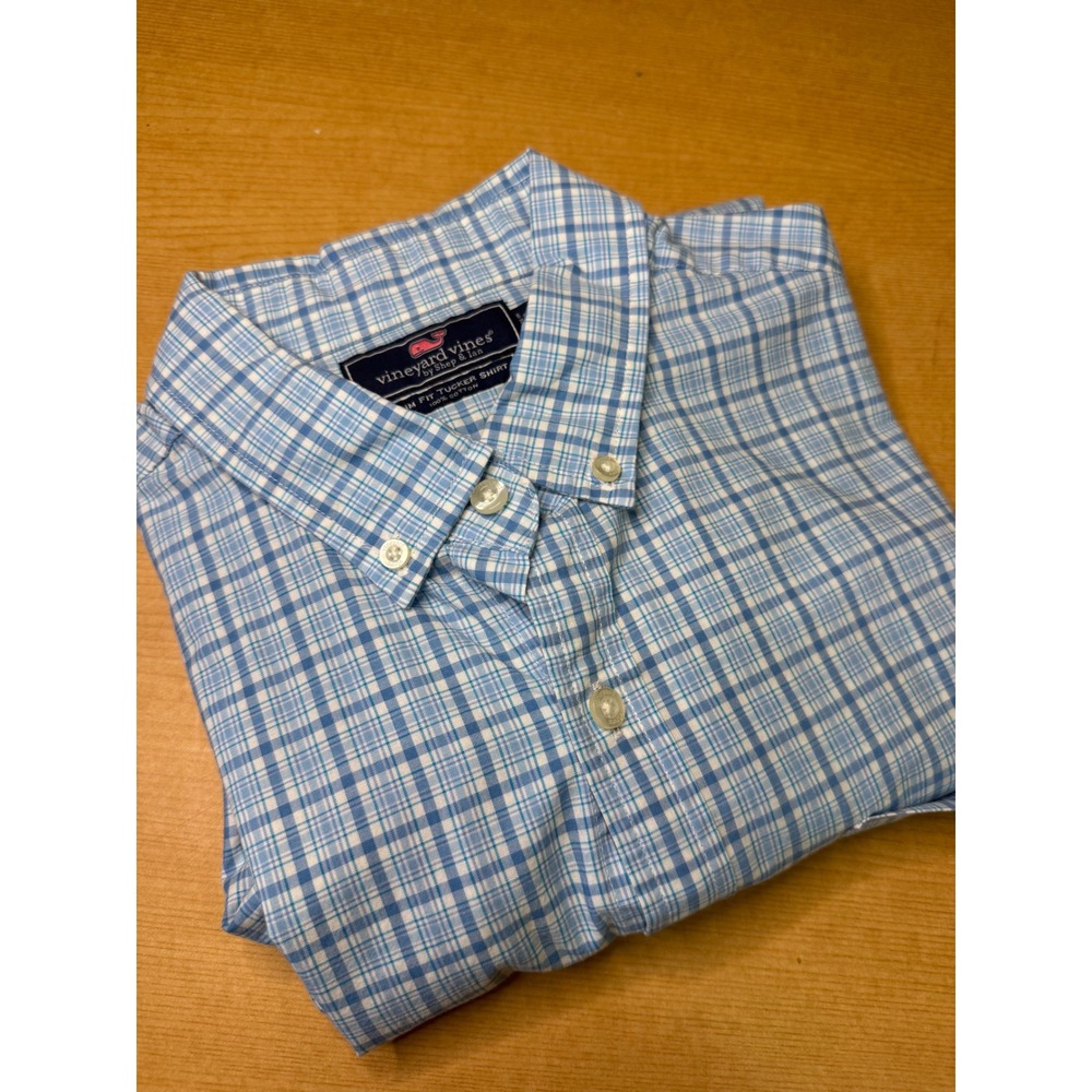Vineyard Vines Slim Fit Tucker Shirt Mens Medium Blue White Plaid Cotton Button